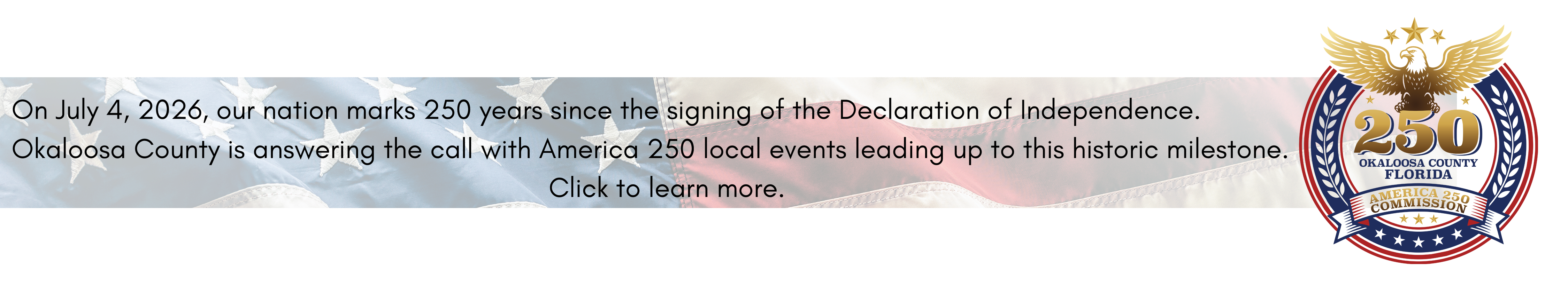 Okaloosa County America 250 text and logo and link to America 250 website